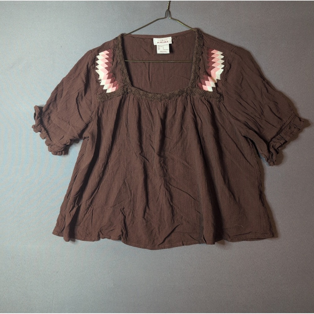 Ariat Oasis Cropped Crinkle Top Womens L Brown Embroidered Square Neck Blouse